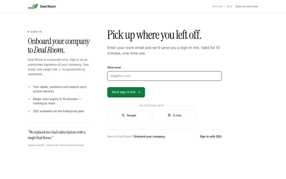 Sign-in and onboarding. Identity capture runs before any deal data appears.