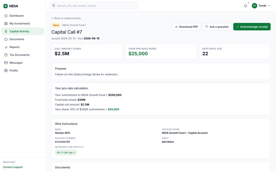 Capital call detail (LP view) — wire instructions, pro-rata calc, acknowledge button.