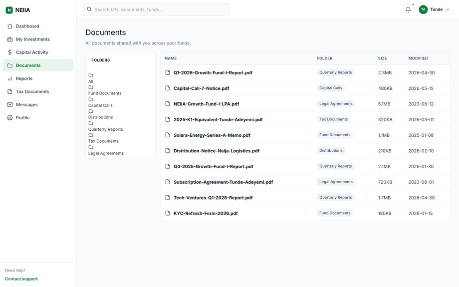 Document vault (LP view) — folder tree, file list, preview, download.
