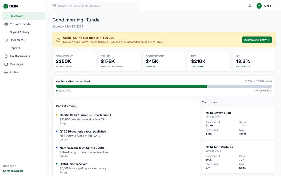 LP dashboard — commitment, called, distributions, NAV, IRR plus pending action banner.