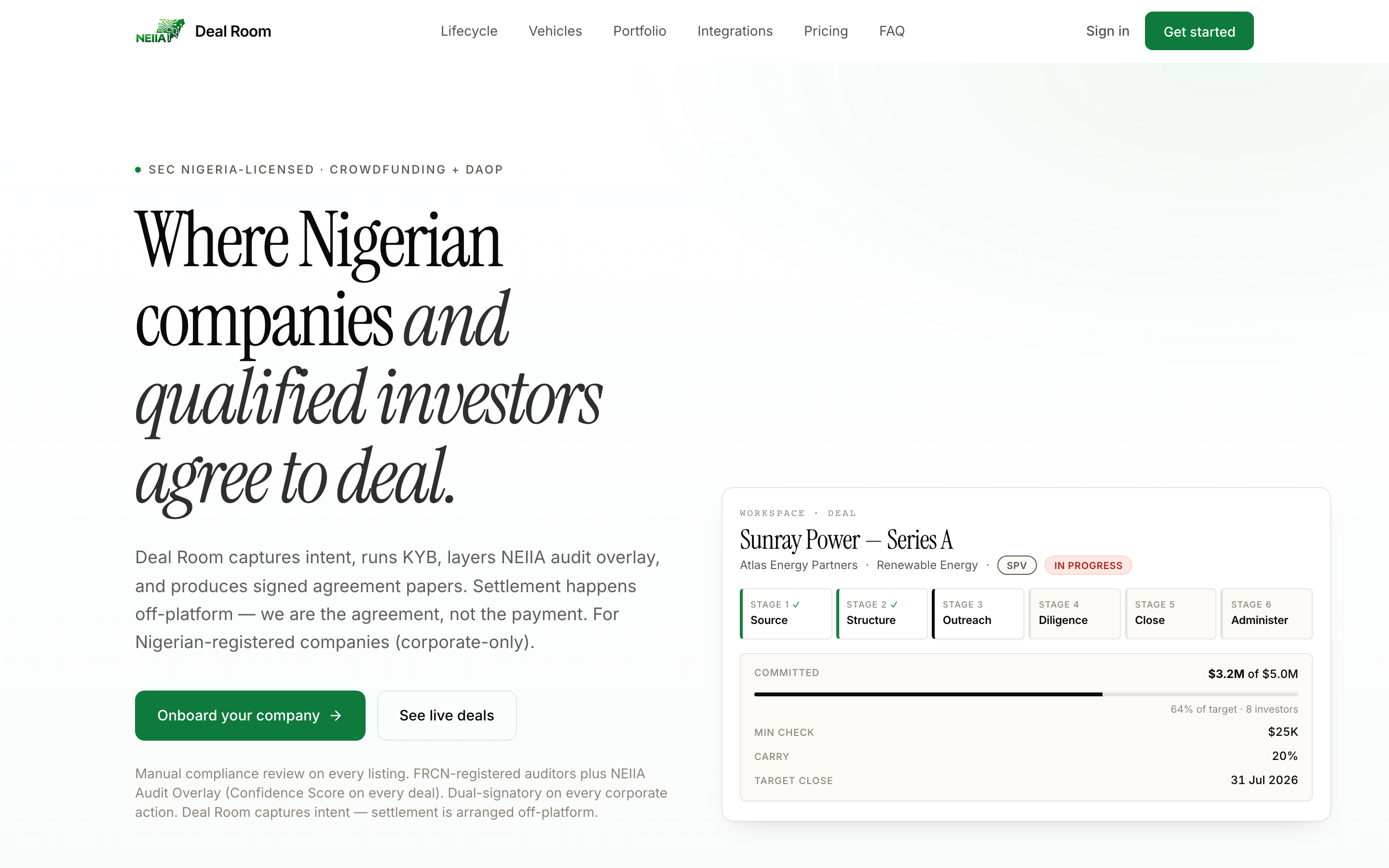 Deal Room public landing — Nigeria's regulated equity marketplace under SEC CFI + DAOP.