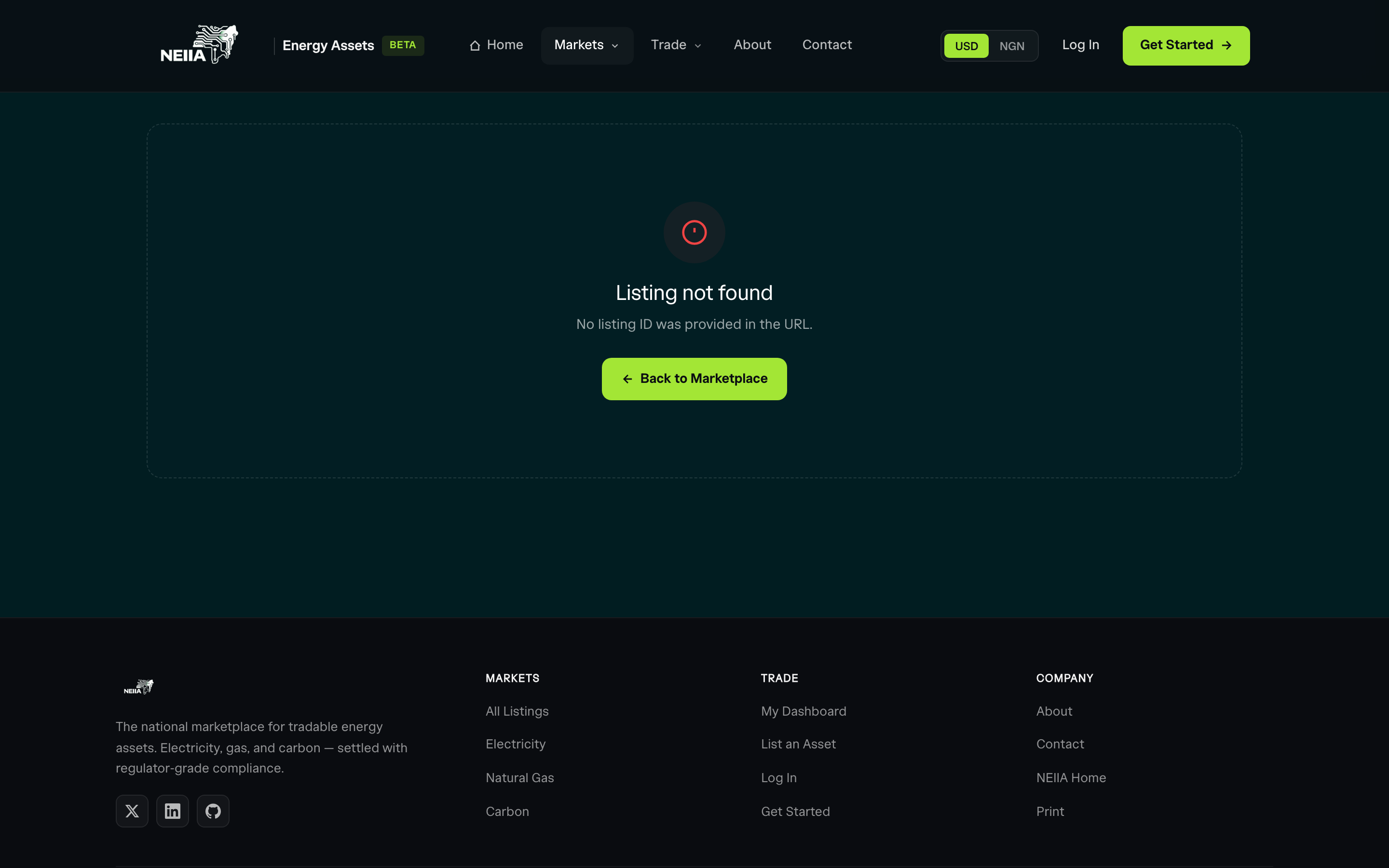 Listing detail — financials, technical specs, and offering terms on a single page.