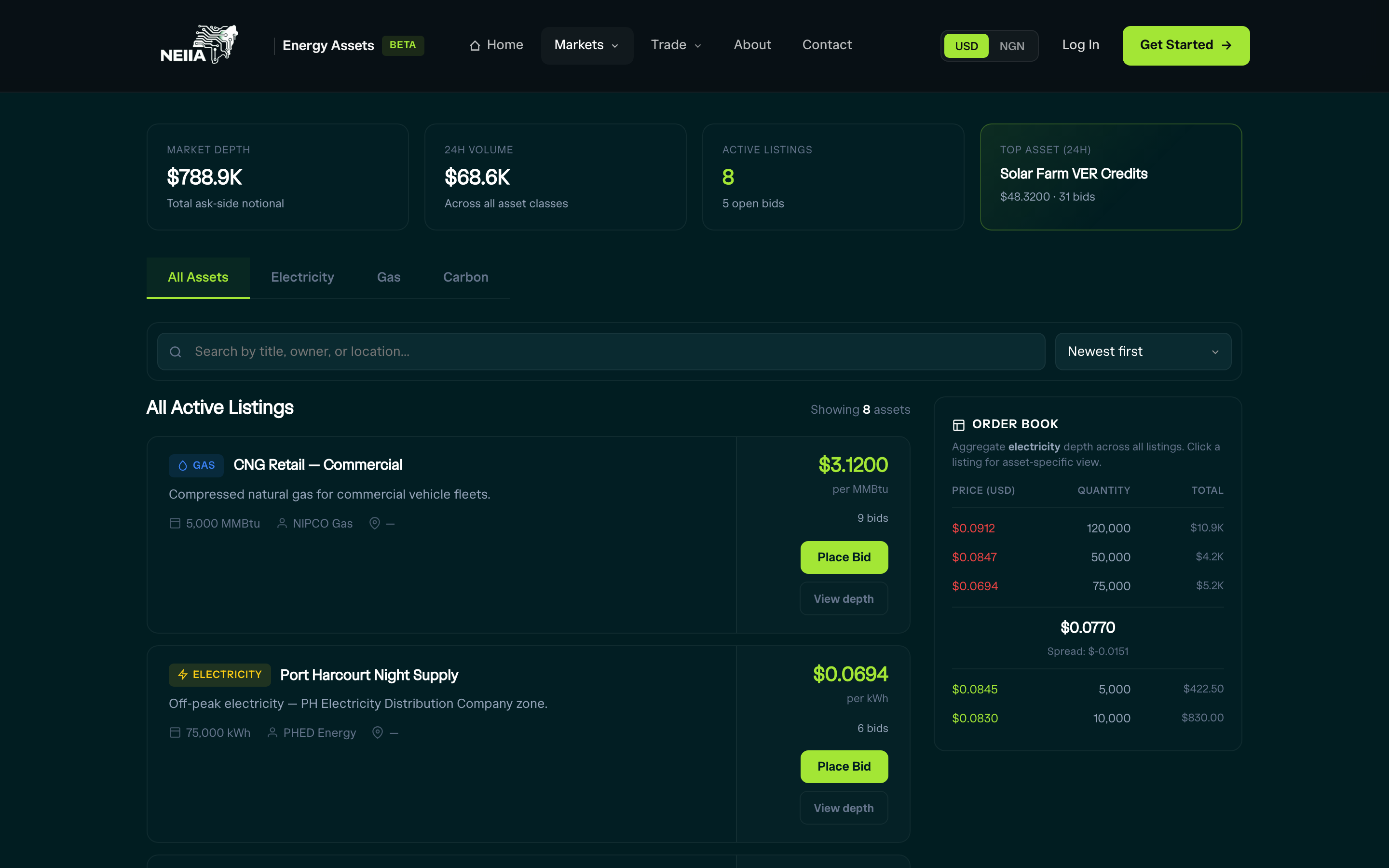Marketplace board — browseable listings of energy projects with filter controls.