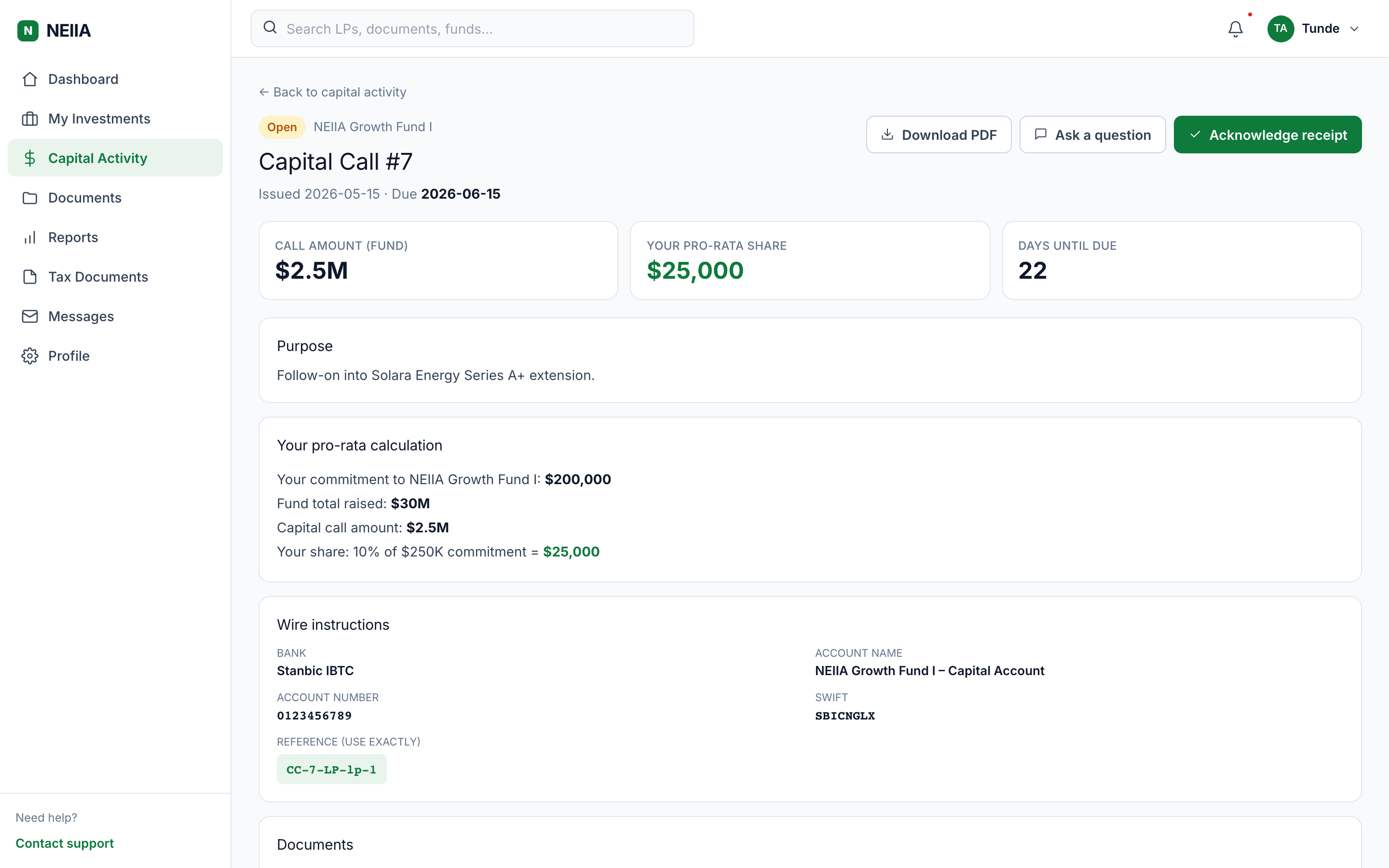 Capital call detail (LP view) — wire instructions, pro-rata calc, acknowledge button.