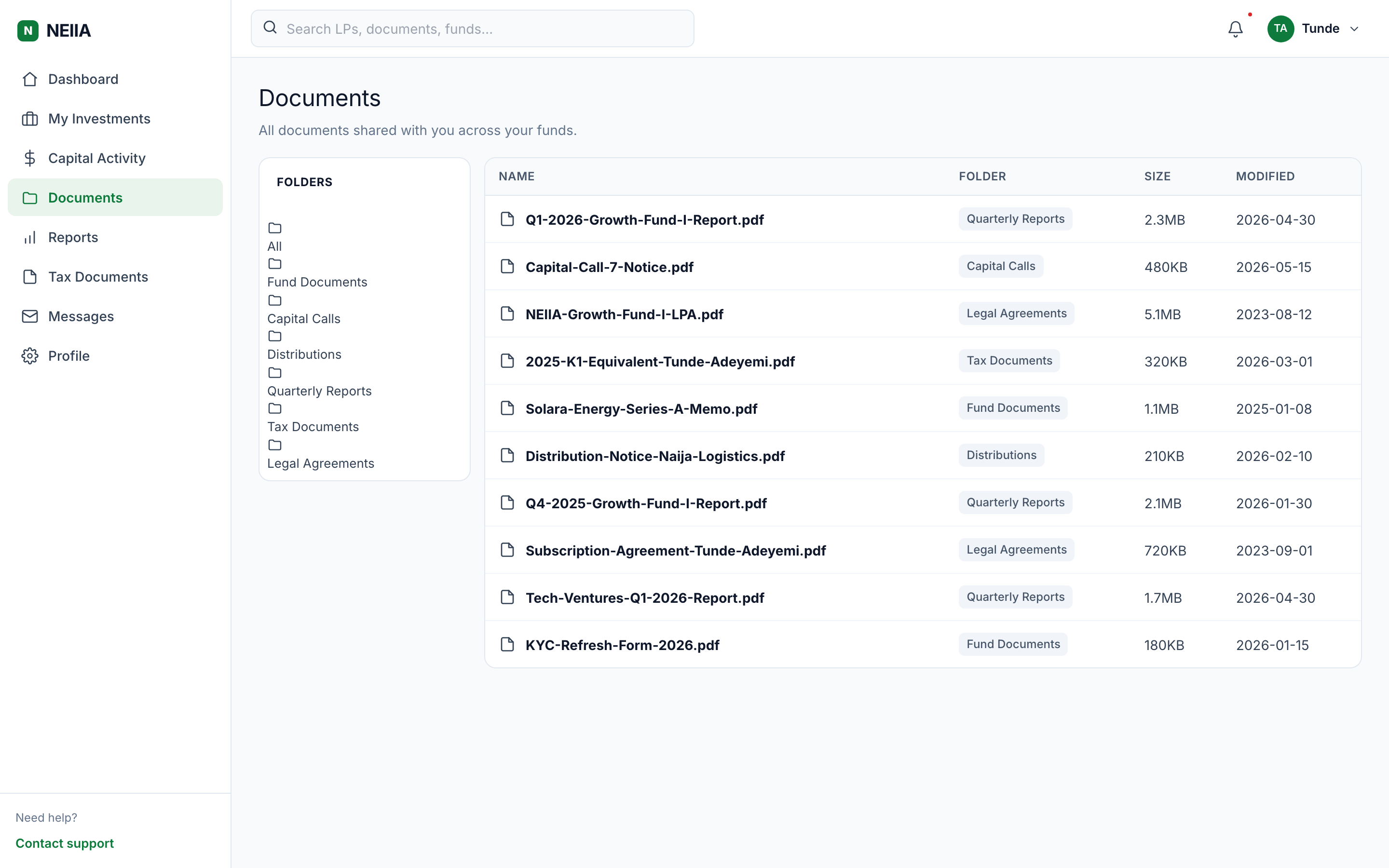 Document vault (LP view) — folder tree, file list, preview, download.