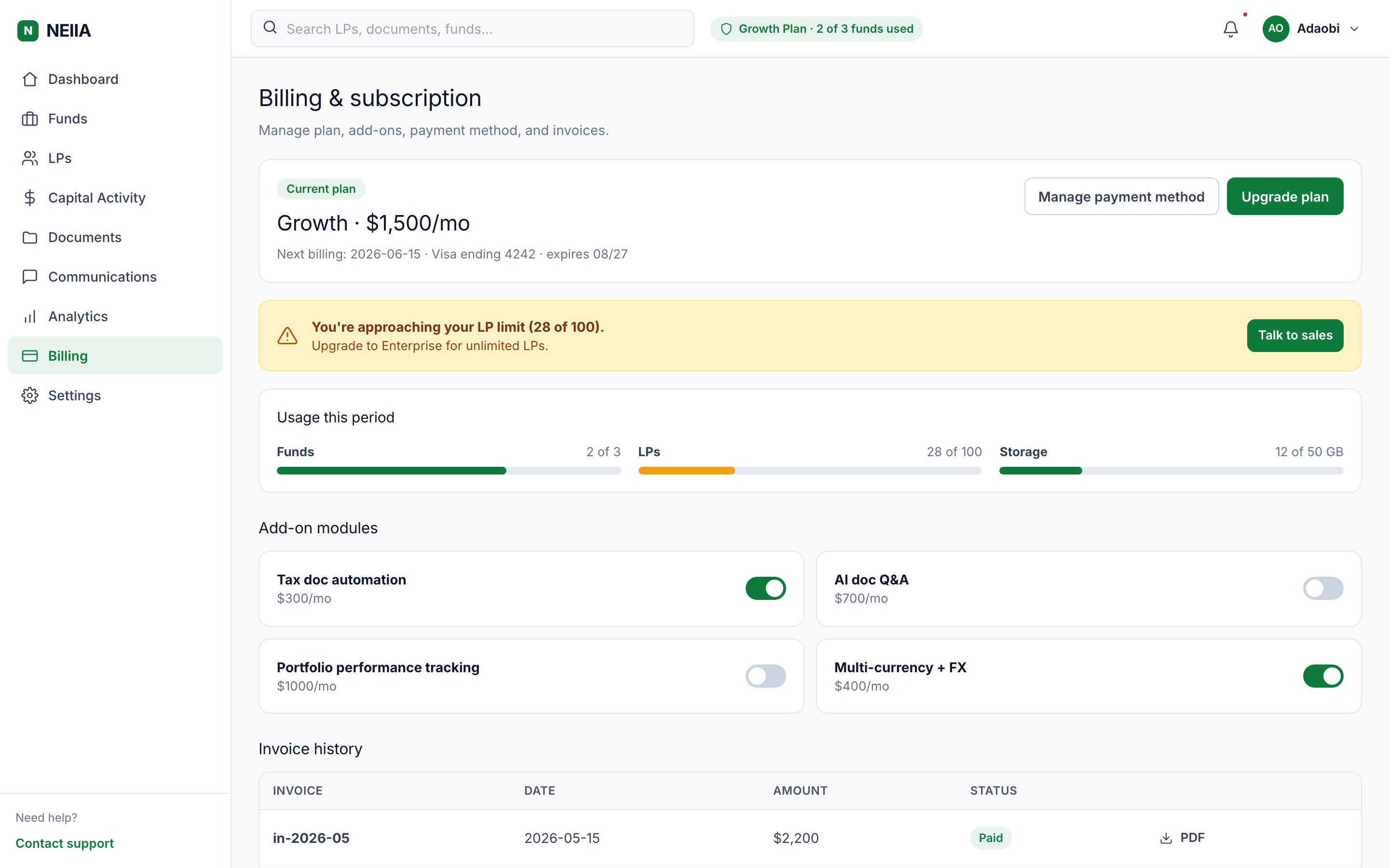 GP billing surface — plan, usage meters, add-ons, invoice history.