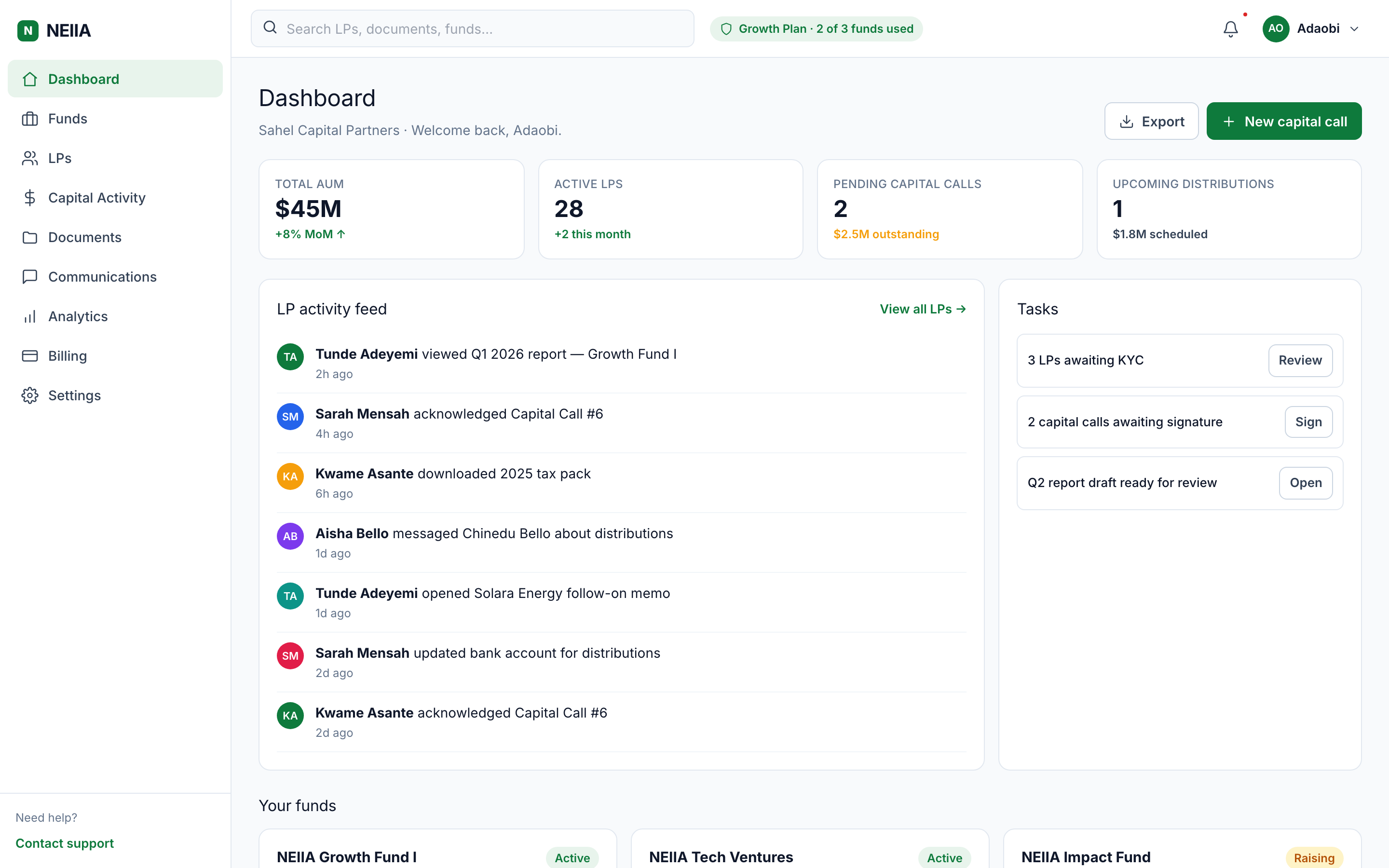 GP dashboard — AUM, active LPs, pending capital calls, recent LP activity feed.