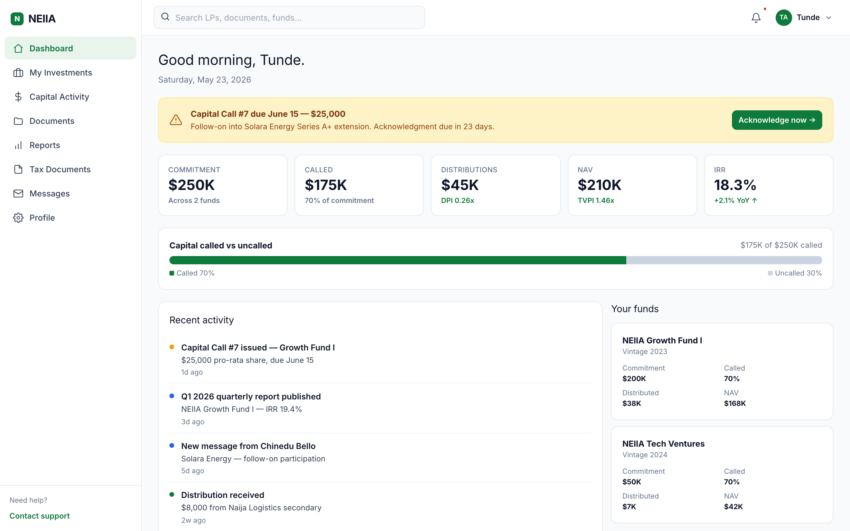 LP dashboard — commitment, called, distributions, NAV, IRR plus pending action banner.